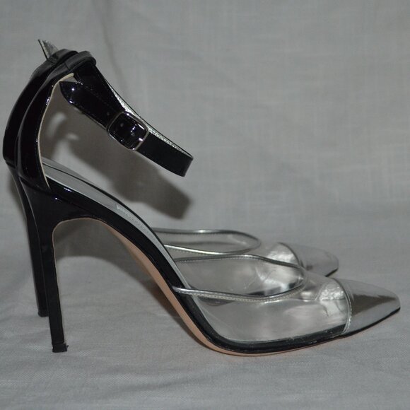 Sz 36.5 Manolo Blahnik Black Silver PCV O'Dorsay Ankle Strap 4" Pumps He… - Picture 4 of 8